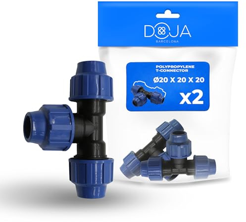 DOJA Barcelona Raccordo a T a Compressione per Tubo PE - 20 x 20 x 20mm - Pack 2 - Installazione Rapida, Connettore a T per Irrigazione in Polipropilene, Robusto, Giunto per Tubi in PE, Connector