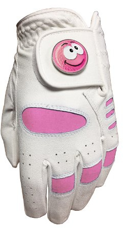 JUNIOR GIRLS PINK GOLF GLOVE. SIZE SMALL. PINK HAPPY GOLF BALL MARKER.