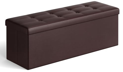 SONGMICS MAZIE Collection - 43 Inches Folding Storage Ottoman Bench, Ottoman with Storage, Foot Rest Stool, Load 660 lb, for Living Room, Synthetic Leather, Brown ULSF703