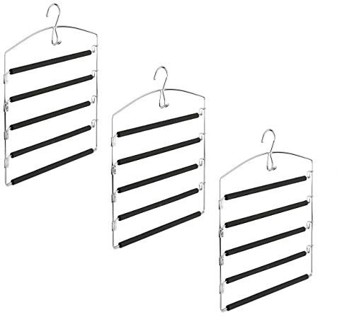 Relaxdays Hosenbügel platzsparend, 3er Set Hosenkleiderbügel mehrfach, Metall, HxBxT: 44,5x37x2,7 cm, silber/schwarz