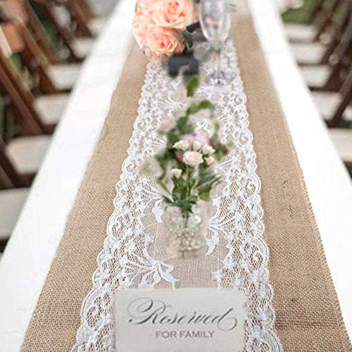 78Henstridge Tischläufer Jute mit Spitze, Jute Tischläufer Natur Hochzeit Deko Vintage Tischdeko Rustikal 30 cm breit 275 cm Rolle (1 Stück)