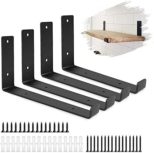 WHATWEARS 4 Stück Regalhalterung Schwarz Regalträger 20cm, Schwerlast Schwimmende Regalhalterungen für Wandregal, L-Form Eckwinkelhalterung mit Schraube und Ankern