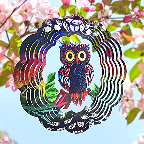 Wind Spinners for Garden Hanging Large Metal Wind Chimes Outdoor Owl Wind Spinners (11.8x11.8inch), with 2Pcs Wall Nails