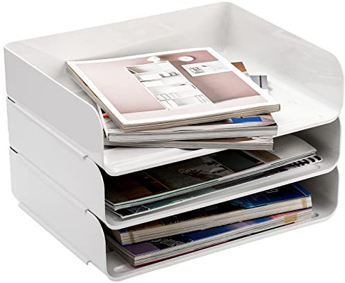 Okllen 3er-Pack Stapelbare Desktop Briefablage, 3 stöckige Papier Dokumentenablage Organizer Schreibtisch Aktenregal für A4 Papier, Zeitschriften, Quittungen, Bürobedarf, 31,5 x 24,5 x 7 cm