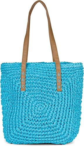 styleBREAKER Papierstroh Schultertasche mit langen Henkeln | Damen Basttasche Korbtasche geflochten mit Reißverschluss | Boho Shopper Sommertasche 40 x 40 x 5 cm, Farbe:Türkis