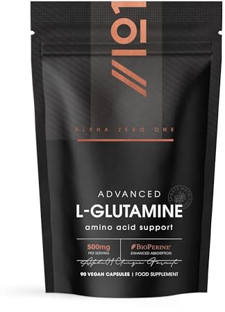 L-Glutamine 500mg with BioPerine® – 90 Vegan Capsules – Fermented Amino Acid Supplement - Resealable and Recyclable Pouch by Alpha01