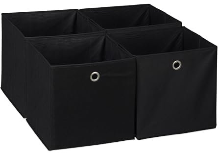 Relaxdays Aufbewahrungsbox 4er Set, Faltbare Regalboxen, HBT 30 x 30 x 30 cm, Grifflöcher, Faltboxen für Regale, schwarz