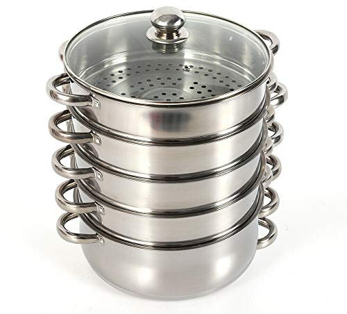 Begoniape Cottura a vapore a 5 strati, griglia a vapore a induzione, design a 5 strati, in acciaio inox, pentola a vapore con coperchio in vetro, griglia inferiore