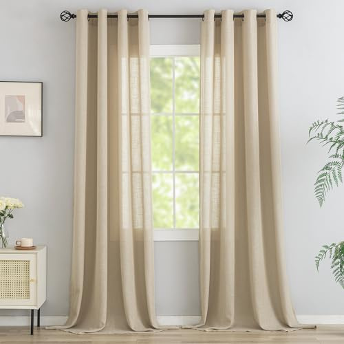 VOILYBIRD Gardiner med naturlig linnestruktur och öljetter, linnegardiner för fönster i vardagsrummet (kaki, 220 x 140 cm (H x B), 2 stycken)