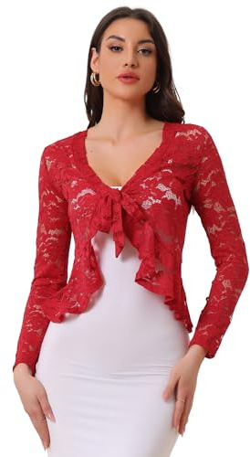 Allegra K Boléro pour femme, manches longues, motif floral, cardigan court en dentelle, Rouge, XL