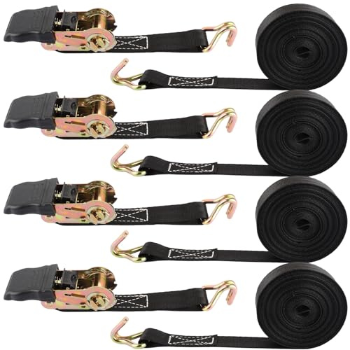YOUNTHYE 4x800kg Ratchet Straps with Hooks, 25mm x 6m Heavy Duty Ratchet Tie Down Straps for Truck, Trailer, Cargo Rack, Motorcycle, Other Outdoor Equipment (Black)