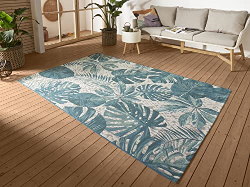 Hanse Home Tropical Leaves In- & Outdoor Teppich – Flachgewebe Aussenteppich, Jungel Palmen Blätter Design, ÖKO-TEX Wetterfest & UV-beständig für Balkon, Terrasse, Garten – Türkis, 240x340cm