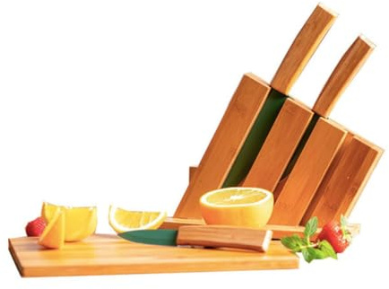 Just Vegan 5 teiliger Messerblock mit Kochmesser, Messerset aus Keramik - Holzblock und Schneidebrett aus Bambus - stylisches, kompaktes Design, ohne Plastik und andere giftige Materialien