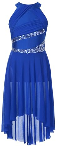Jugaoge Niñas sin Mangas Brillante Diamantes de imitación Lírica Ballet Maillot Leotardo con Falda Irregular Niños Contemporáneo Moderno Latino Danza Vestidos, azul cobalto, 146-152