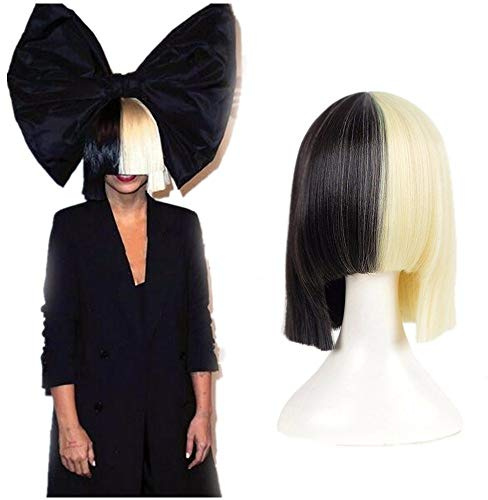 Creamily Peluca rubia negra de dos tonos, peluca corta recta rubia negra con flequillo para mujer, cabello sintético resistente al calor, peluca de dos colores, peluca para fiesta de cosplay