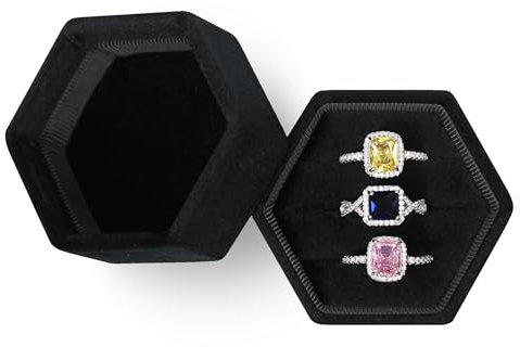 BLUTETE Velvet Jewelry Ring Box,Hexagon 3 Slots Wedding Day Ring Box,Premium Vintage Ring Display Holder Case for Wedding Ceremony Proposal Engagement(Black)