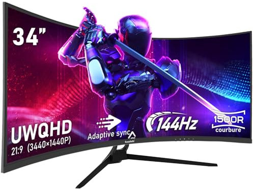 Gawfolk Écran PC Ultra Large 34 Pouces 1500R incurvé 144Hz Gaming Computer Moniteur,21:9 UWQHD(3440x1440),Adaptive Sync,HDR,178 ° Angle Vue,DisplayPort、HDMI,VESA 75 * 75MM-Noir