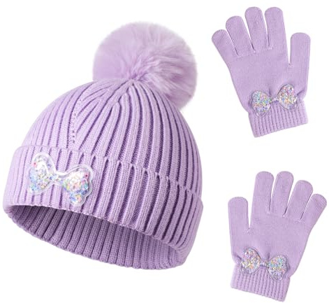 QKURT Girls Winter Hat and Mittens Set, Acrylic Knit, Warm Accessories Set, Toddler, Unisex, Cartoon Pattern, Casual, One Size