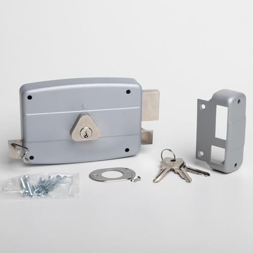 CISA - Serratura per Porte in Ferro da Applicare 15042170195 - Serratura in Acciaio Verniciato Grigio con Cilindro e Tirante nichelati - Serratura Cancello Esterno Entrata 70 - Mano Destra Applicare