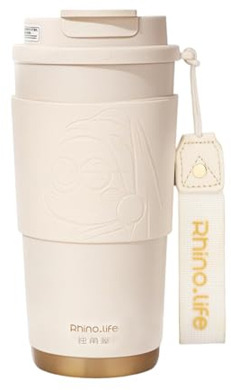 RhinoLife Insulated Coffee Mug Spill Proof Leak Proof with lid,17oz, White Portable Ceramic Lined Travel Mug with Handle & Silicone Mat, Reusable Insulated Tumbler with Straw, Gift for Lovers