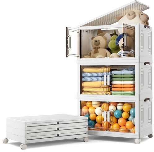 Warmiehomy Storage Box with Lid 69L*3 Tier Stackable Storage Drawers Boxes with Wheels, Foldable Collapsible Lidded Bins Containers, Plastic Stacking Drawers for Outdoor Office Home Organisation