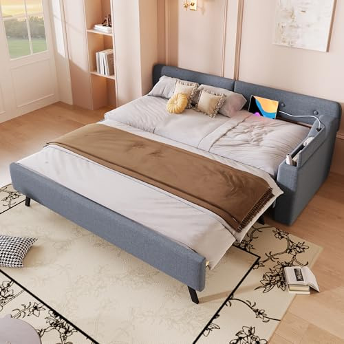 Kebnor Divano Letto, Letto Giornaliero, 90 x 200 cm, Divano Letto con Rete a Doghe, con Letto Estraibile con Vano Pieghevole, USB + Type-c, Lino (Senza Materasso) (Grigio)
