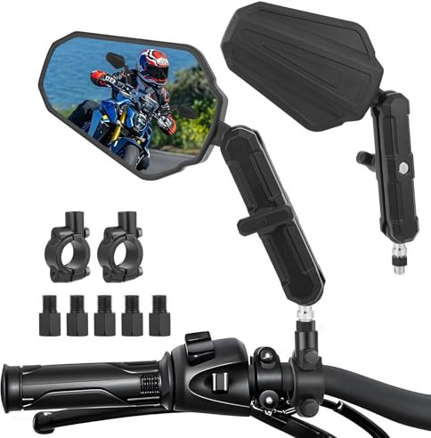 Heart Horse Anti-Glare Motorcycle Mirror, E-approved Motorbike Handlebar Side Mirrors with M8 M10 Threaded Bolts, 360° Rotation Folding Motorcycle Rearview Mirror for Scooter Cruiser ATV Moped