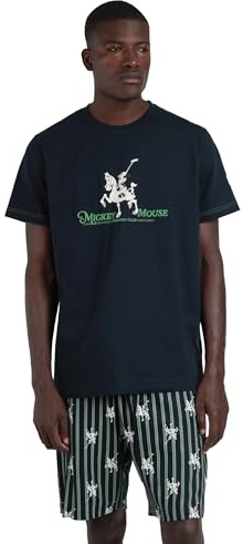 Disney Pijama Hombre Manga Corta Mickey Social Club en algodón, Cuello Redondo y pantalón Corto a Rayas con Cinturilla Ajustable, Camiseta con Relieve