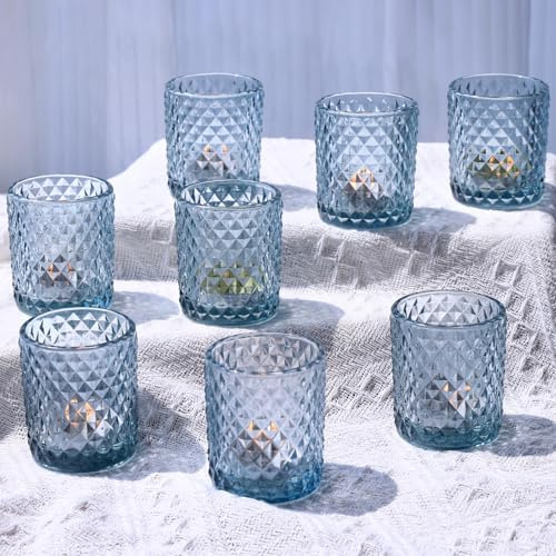 Vohocandle Bleu Photophore Verre Lot de 12, Motif Diamant Bougeoir Verre pour la décoration d'automne, Contenant pour Bougie Chauffe-Plat Adaptés pour Thanksgiving, Noël et Les Fêtes(5,5 x 6,5 cm)