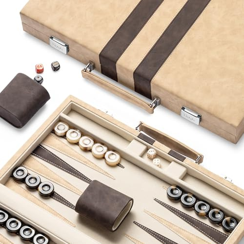 Lingle 15inch Backgammon Sets for Adults, Classic Board Game with Folding Leather Backgammon Case, Faux Leather Exterior and Velvet Interior, Portable Travel Game Set (Brown)