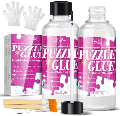 Jigsaw Puzzle Glue with Applicator, Puzzle Mounting Kit with 2 Brushes, Toxic-Free, Fast Drying, Long-Lasting, Clear Puzzle Sealant for Puzzles up to 5000 Pieces, Suitable for Various Puzzle Frames