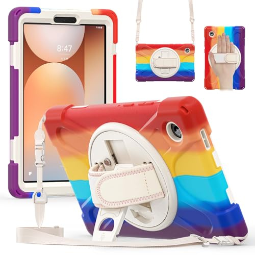 FONREST Étui à bandoulière robuste pour Samsung-Galaxy-Tab-A11 8,7 2025 SM-X135/X133/X130 avec béquille rotative à 360°, coque hybride résistante aux chocs avec bandoulière (arc-en-ciel)