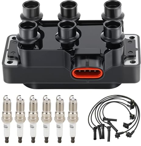 1Pcs Ignition Coil Pack and 6Pcs Spark Plugs with Wire Set Compatible with Ford E-150 E-250 Econoline Ranger Explorer Mustang F-150 & Mazda Navajo Mountaineer B3000 B4000 Replace FD480, 2683, 671-6114