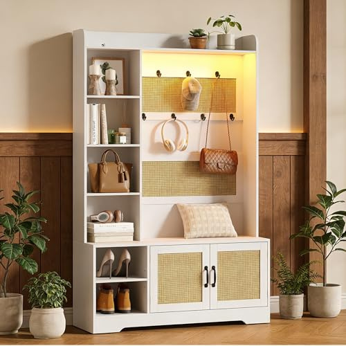 Maupvit 67 H Entryway Rattan Hall Tree with Shoe Storage Bench, 4-in-1 Mudroom Bench with 11 Shoe Cubbies and 7 Hooks, Boho Coat Rack with 4 Storage Bag Cubbies for for Garage, Mudroom, Living Room