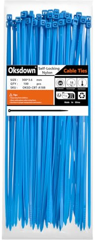 Oksdown 100 Pack Blue Plastic Cable Ties 300mm×3.6mm Heavy Duty Strong Nylon Premium Self Locking 12 inch/30 cm Long Zip Tie Wraps