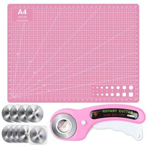 11PCS Rotary Cutter Kit, 45mm Rotary Cutter for Fabric with 8pcs Extra Blades, A4 Cutting Mat, Ergonomic Handle with Safety Lock, Rotary Fabric Cutter Wheel for Leather, Crafting, Sewing, Quilting