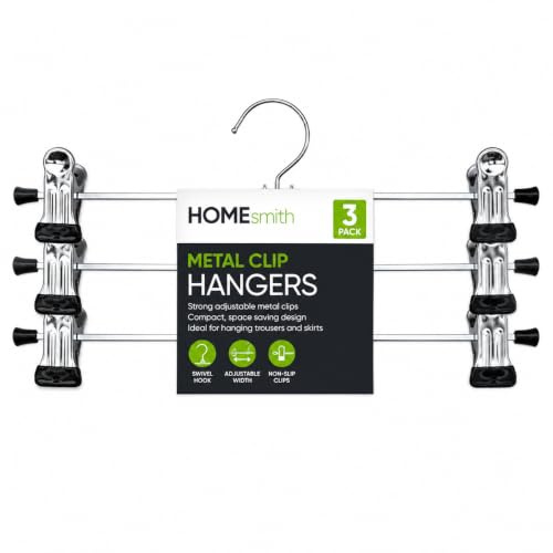 HOMESmith Metal Clip Hangers 3 Pack, Strong Trouser & Skirt Hangers with Adjustable Clips, Chrome Finish