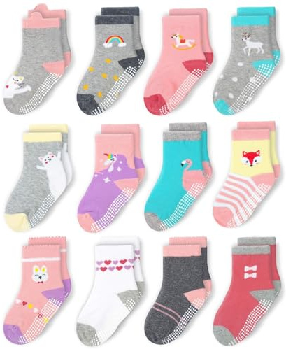 CozyWay Crew Grip Youth Socks - Non-Slip Grip Socks for Kids - Size 5-7 Years, Pink/Purple Multicolor - Pack of 12