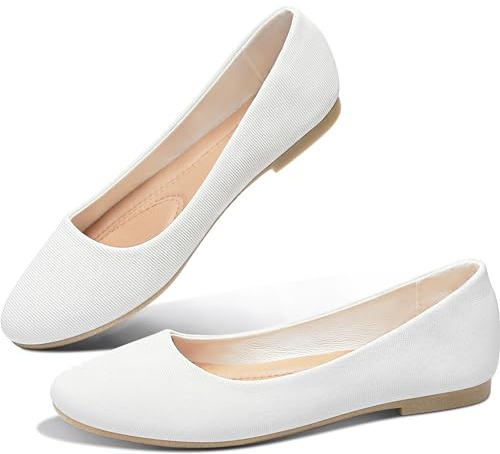 Obtaom Womens Textile Round Toe Ballet Flats Memory Foam Classic Business Slip ons Casual Fabric Dress Flat Shoes(White,US9)