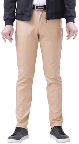 Mens PU Faux Leather Trousers Slim Fit Fake Leather Wet Look Pants Khaki 35