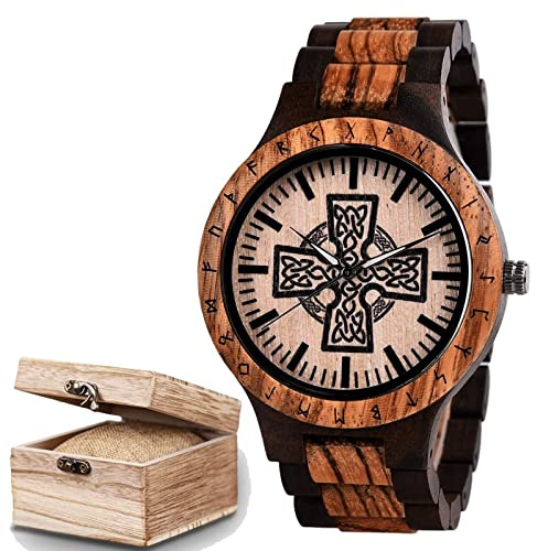 AVLUZ Men's Viking Celtic Cross Wooden Quartz Movement Watch, Handmade Engraved Adjustable Watch Band with Wooden Watch Gift Box. (Black)