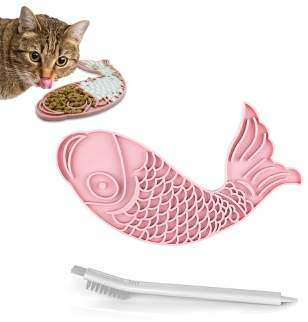 Licking Mat for Cats,Fish-Shaped Cat Slow Feeders Lick Mat, Non-Slip Slow Feeders Licking Mat with Suction Cups for Reducing Boredom, Great for Bathing and Grooming（Pink）