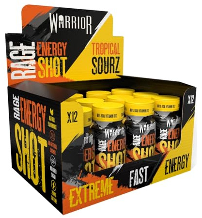 Warrior Rage Energy Shots - Pre Workout Shot Drink 12 x 60ml - RTD Fuel Juice Supplement (Liquid not Gels) - 200mg Caffeine to Lift Sessions and Running - Contains Vitamin B6 & B12 (Tropical Sourz)