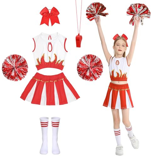 Deguisement Pompom Girl,Costume Cheerleader enfant sans Manche avec Pompoms, Sifflet ,Couvre-chefs et Chaussettes,Tenue de cheerleading enfants filles costume de carnaval pour 8-16 ans (Rouge, 160m)