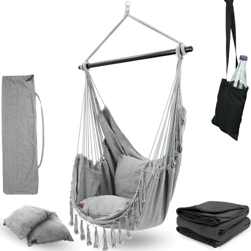 deluxe4home® Hängesessel mit 2 Kissen Hellgrau + Kuscheldecke I Inkl. Getränkehalter und Bücherfach I Hängeschaukel belastbar bis 120 kg I Indoor & Outdoor Hängestuhl Deckenschaukel