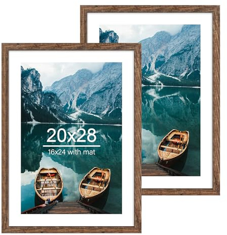 Hongkee 20x28 Picture Frame Set of 2, Rustic Black Wood Style - Display 16x24 Picture with Mat or 20 x 28 Poster without Mat, Wall Mounting Horizontal and Vertical