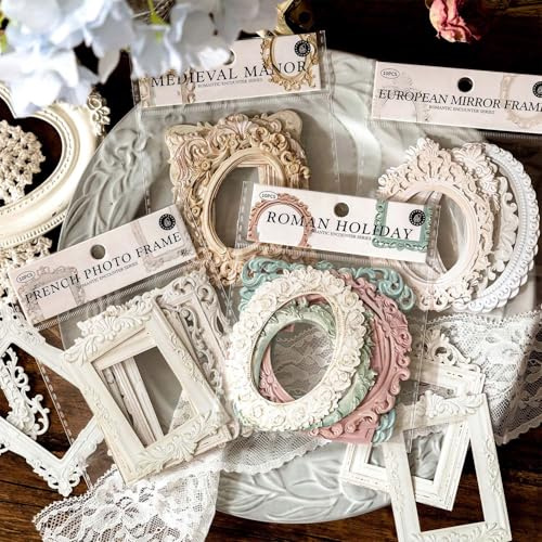 GIONAR 40 Blätter Spitze Rahmen Scrapbook, Vintage Scrapbook Zubehör mit Pinzette, Hohle Geprägt Foto Rahmen, Hintergrund Scrapbook Sticker Fotorahmen Für DIY Vintage Papier Journaling