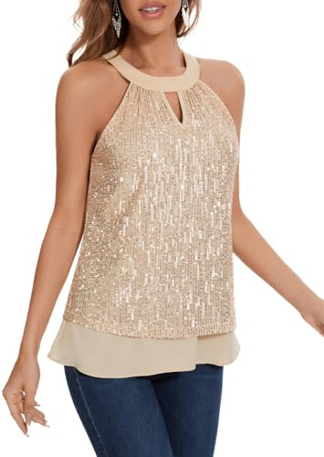 DRESSTELLS Sequin Top for Women UK Halter Neck Vest Ladies Tops Night Out Summer Tank Top Sexy Sparkly Glitter Camisole Beach Party Clubbing Sleeveless Shirts Champagne L
