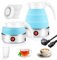 Bollitore pieghevole da campeggio, 0,6 l, con 2 bicchieri pieghevoli, bollitore elettrico in silicone con fondo in acciaio inox 304, in silicone, per campeggio, viaggi, attività all'aperto, blu