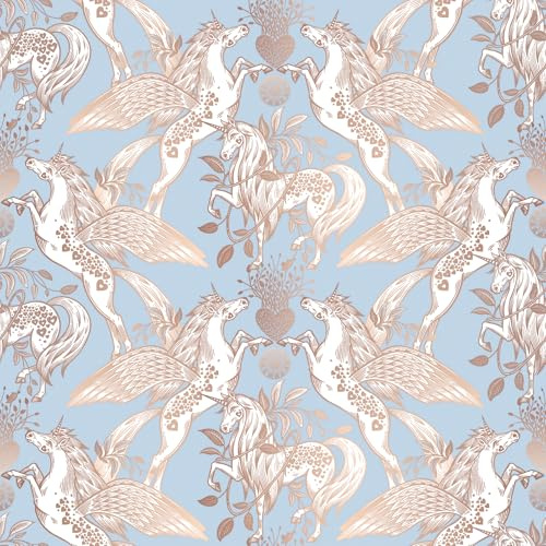 ReWallpaper Papel Vinilo Adhesivo Muebles Azul Papel Pintado Infantil Unicornio Papeles Pintados De Pared Dormitorio 44.5CMx3M Vinilo Azul para Forrar Muebles Dorado Armario Cajones